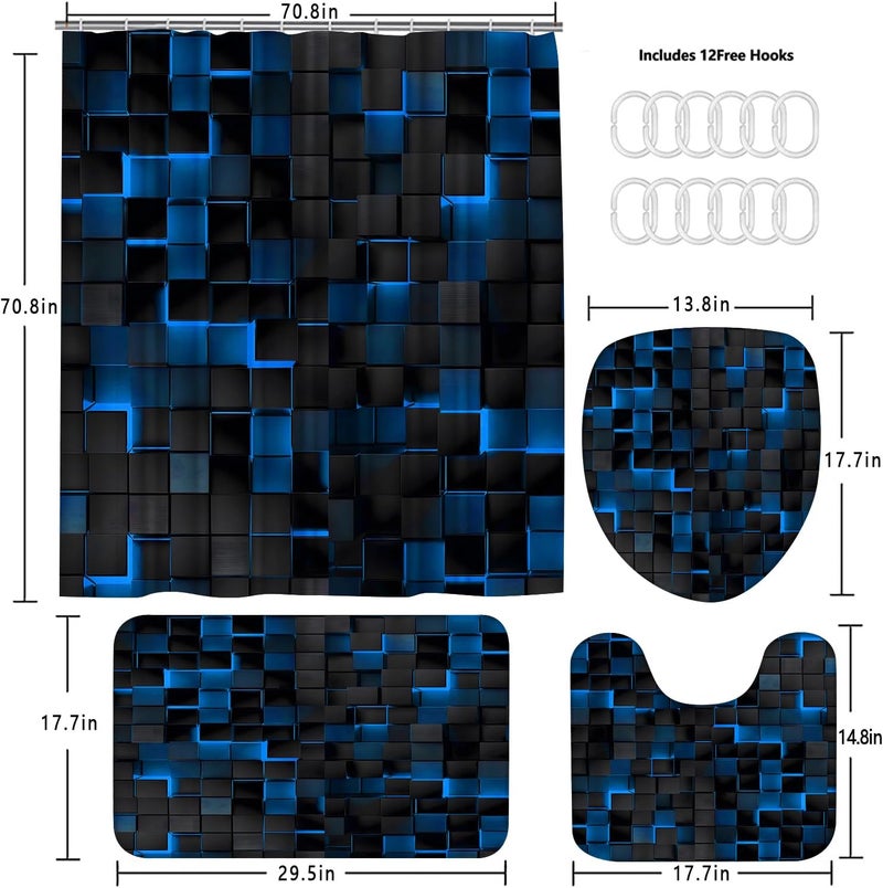 LQCOOL 4Pcs Blue Shower Curtain Set 3D Cubes Bathroom Sets Modern Shower Curtain Set for Bathroom Sets with Rugs Black and Blue Shower Curtain with 12 Hooks - Image 3